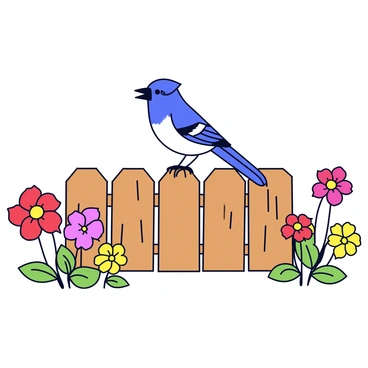 A blue jay with vibrant blue and white plumage is perched on a simple wooden fence. The fence has a rustic appearance, featuring rough wood with visible grain and knots. Surrounding the fence are a variety of blooming flowers in bright colors, including red, yellow, and pink. The flowers are in full bloom, creating a lush and lively atmosphere around the fence. The scene is set in a clear, sunny environment, enhancing the colors of the blue jay and the flowers.