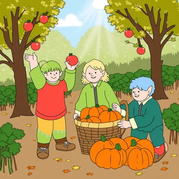 A group of small, playful elves with pointed ears and bright clothing are gathering fruits and vegetables in an orchard. One elf has green hair and is reaching up to pick a shiny red apple from a tree, while another elf, with curly blonde hair, is crouched down, placing pumpkins into a woven basket. Sunlight filters through the branches of the trees, creating dappled patterns on the ground. Nearby, a third elf with blue hair is inspecting a cluster of vibrant orange carrots. The ground is covered in fallen leaves, showcasing the warm colors of autumn. The orchard is filled with various trees bearing ripe fruits and sturdy vegetable plants.