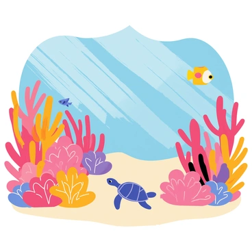 An underwater scene featuring a vibrant coral reef with various shades of orange, pink, and purple. Colorful coral formations rise from the sandy ocean floor, creating a rich habitat. A variety of marine life can be seen swimming around, including a yellow clownfish hiding among the anemones, a school of small blue fish darting in and out of the coral, and a graceful sea turtle gliding past. Sunlight filters through the water, casting shimmering patterns on the ocean floor.