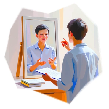 A person with medium skin tone standing in front of a full-length mirror, practicing their speaking skills for a language proficiency test. The individual has dark hair styled in a short cut and is wearing a casual blue shirt. They are holding a notepad in one hand, while the other hand gestures expressively as they practice their pronunciation. The mirror reflects their focused expression, creating a sense of determination. The background shows a well-lit room with a simple desk and a few language books scattered around.
