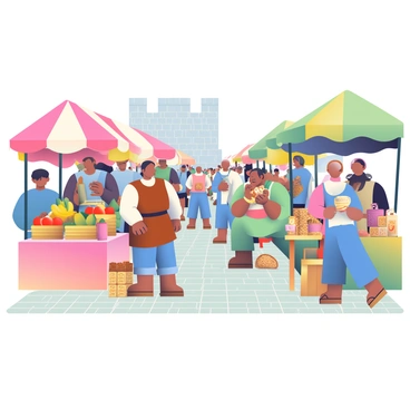 A bustling medieval market scene is filled with life and activity. Various vendors are displayed under colorful fabric tents, showcasing their goods. To the left, a vendor with a brown tunic offers a selection of fresh, vibrant fruits, including red apples, yellow bananas, and green pears, all beautifully arranged in wooden crates. In the center, a craftsman is carefully working on wooden toys, with a small collection of finished pieces, including carved animals and intricate dolls, displayed on a table. To the right, a woman in a blue dress is selling handwoven baskets, with various sizes stacked neatly beside her. The crowd is diverse, with men, women, and children mingling, some carrying bags filled with purchases. A cobblestone path runs through the market, leading to a distant stone building that acts as a backdrop to this lively scene.