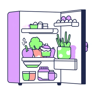 An open fridge is filled with various foods, showcasing a vibrant array of items. On the top shelf, there are several boxes of eggs and a green container of fresh herbs. The middle shelf features a prominently displayed jar of pickles, surrounded by a selection of colorful vegetables such as bell peppers and a bunch of green lettuce. Below, the bottom shelf contains a few packs of cheese and a container of yogurt. The fridge door holds condiments, with bottles of sauce and jars of jam neatly organized. The overall scene presents a well-stocked refrigerator filled with an assortment of fresh groceries.