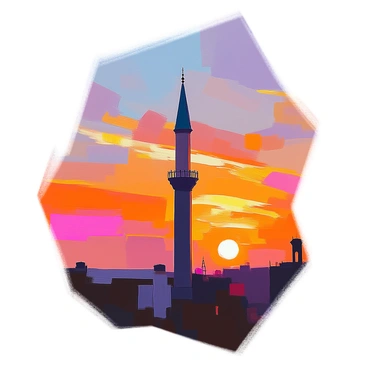 The image features the silhouette of a mosque's minaret prominently displayed against a vibrant sunset sky. The minaret is tall and slender, rising dramatically into the air, with intricate details on its dome and finial clearly visible in shadow. The sunset sky is filled with a gradient of colors, transitioning from deep oranges and reds at the horizon to soft purples and blues higher up. Wispy clouds catch the light, adding texture to the sky, while the minaret stands starkly outlined, creating a striking contrast with the colorful backdrop.