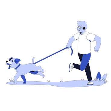 A playful puppy is pulling hard on a leash, straining at the end of it. The puppy has floppy ears and a wagging tail, with its tongue out in excitement. The owner, a person dressed casually, is being dragged along, with one arm extended forward to grip the leash. The owner's expression shows surprise and amusement, while their feet are slightly off the ground, indicating the force of the puppy's enthusiasm. The scene takes place in a park setting, with grass and trees in the background, adding to the lively atmosphere.
