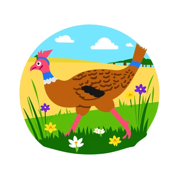 A guinea fowl with intricate speckled feathers is wandering through a savannah landscape. The bird is seen in profile, showcasing its distinctive shape and colorful markings. Surrounding it, tall grass sways gently in the breeze, with wildflowers in shades of yellow, purple, and white dotting the area. The savannah stretches into the distance, with a bright blue sky overhead and the occasional tree line visible on the horizon.