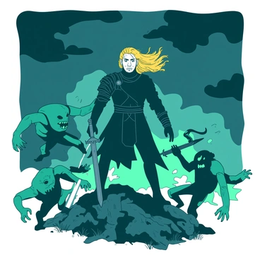 A witcher on a hilltop, fighting off a horde of menacing ghouls under a cloudy sky