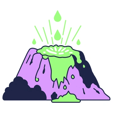 A volcanic vent is depicted, with molten lava droplets visibly dripping from the opening. The lava is glowing intensely, radiating warmth and light. Surrounding the vent, there are rocky formations and dark ash, providing a stark contrast to the bright lava. Some of the droplets are captured mid-fall, while others have just landed and are creating small splashes upon impact. The entire scene conveys the dynamic and powerful nature of a volcanic eruption.