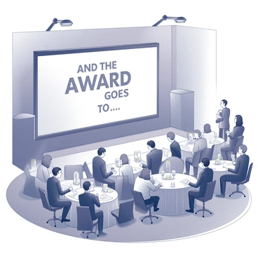 A large screen stands prominently in the center of a spacious event hall, showcasing the text "And the award goes to..." in bold, eye-catching font. Surrounding the screen, a group of attendees are seated in rows, their expressions a mix of anticipation and excitement. Some individuals hold small notebooks and pens, ready to jot down notes or reactions. Decorated tables are adorned with programs and refreshments, adding to the atmosphere of a formal event. Overhead, elegant lighting fixtures cast soft illumination across the room, enhancing the festive ambiance of the illustration event.