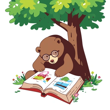 A brown bear wearing round glasses is sitting on its hind legs under a leafy green tree. The bear is leaning forward, deeply engrossed in a large, open book resting on its lap. The book's pages are filled with colorful illustrations. Sunlight filters through the tree's branches, casting dappled light on the bear and the ground around it. There are a few scattered wildflowers surrounding the bear, adding a touch of color to the scene.