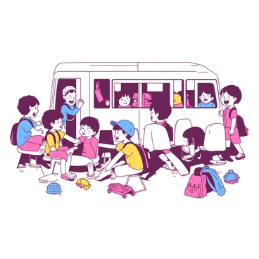 A group of children is gathered around a row of white chairs, arranged to resemble a bus. The children are sitting and standing, engaged in a lively pretend bus game. One child, wearing a blue cap, is at the front, pretending to drive, while others are excitedly chatting and pretending to be passengers. Some children are peeking out of the "windows" made by the backs of the chairs, with big smiles on their faces. Colorful toys and backpacks are scattered nearby, adding to the playful atmosphere.