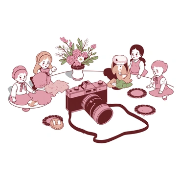 A white dining table is elegantly set with a variety of family heirlooms. Centered on the table is a vintage camera with intricate detailing and a leather strap, reflecting soft light. Surrounding it are several porcelain dolls, each dressed in delicate, colorful outfits. Some dolls have expressive painted faces with rosy cheeks and finely crafted hairstyles. A few antique coasters and a small decorative vase with flowers are placed around the heirlooms, adding to the nostalgic atmosphere.