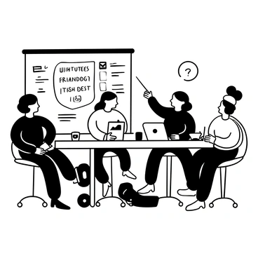 A group of women sitting around a large table, each with a laptop open in front of them. Some are taking notes on notepads while others are pointing at graphs and charts displayed on their screens. There are various tech gadgets placed on the table, including a tablet and a smart speaker. One woman is standing and gesturing towards a whiteboard filled with diagrams and bullet points about the latest innovations. The atmosphere is focused and collaborative, with a few coffee cups scattered around.