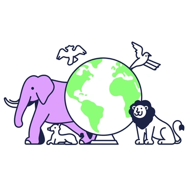A large globe of Earth is centered in the image, showcasing the continents and oceans. Surrounding the globe are several animals. On the left, a majestic elephant stands with its trunk raised, displaying its large ears and tusks. To the right, a proud lion is depicted with its mane flowing, sitting calmly. Above the globe, a variety of birds are illustrated in flight, with their wings spread wide, showcasing different shapes and sizes. The setting is lively, with each animal positioned dynamically around the globe.
