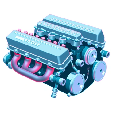 A detailed 3D illustration of a car's engine bay filled with intricately designed components. The engine is prominently displayed with a glossy finish, showcasing polished metal surfaces. Various engine parts, like the air intake, fuel injectors, and spark plugs, are arranged methodically with bright chrome accents. Wires and hoses are neatly organized, emphasizing cleanliness and precision. The surrounding area features a sleek engine cover and well-structured mounts for stability. Light reflects off the surfaces, highlighting the textures and craftsmanship of each part, creating a sense of depth and realism in the illustration.