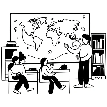 A teacher standing in front of a large world map mounted on a wall. The map has various marked locations and drawn lines indicating routes. Several pupils are seated at desks, leaning forward with curiosity, some taking notes on paper. The classroom is filled with bookshelves in the background, stacked with books and educational materials. A globe is placed on the teacher's desk, alongside various other teaching tools.