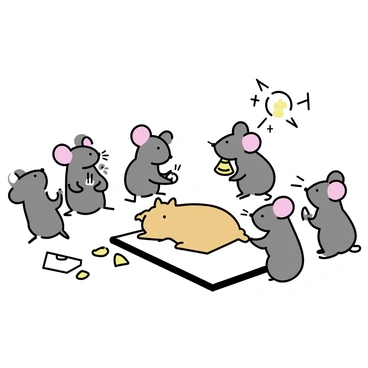 A group of five small mice, each with varying shades of gray fur, are gathered in a circle on a wooden floor. One mouse, standing on its hind legs, is animatedly gesturing with its tiny paws as it discusses the plan. Another mouse, with large ears, is listening intently, nodding its head in agreement. A third mouse is holding a small, shiny bell, glistening in the light, while looking towards the sleeping cat. The cat, a fluffy orange tabby, is sprawled comfortably on a soft, cushiony bed, completely unaware of the mice's discussion. In the background, there are scattered bits of cheese and a small piece of paper with a drawn diagram of the bell placement.