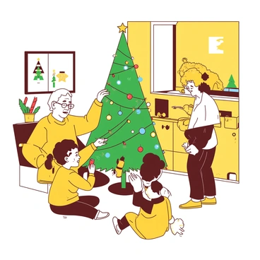 A yellow family gathering is taking place in a cozy living room. An elder with gray hair is placing colorful ornaments on a green Christmas tree, while another elder, wearing a festive sweater, holds a string of lights ready to hang. Two children are sitting nearby, each holding a smartphone and focused on capturing photos of their relatives decorating the tree. One child is smiling, pointing the phone at the tree, while the other child is giggling at a funny moment happening in the background. The room is filled with holiday decorations and warm lighting.