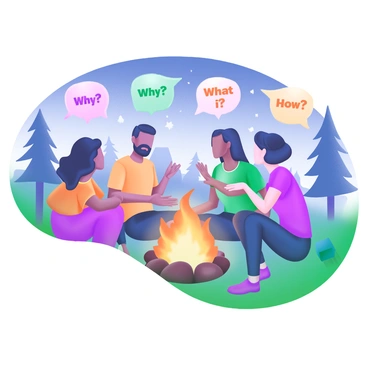A group of diverse individuals is seated in a circle around a glowing campfire. The flames cast a warm orange light, illuminating their faces as they share stories. Each person holds a unique question about life, which can be shown through small speech bubbles containing words like "Why?", "What if?", and "How?". The background features silhouettes of trees under a starry night sky, enhancing the intimate atmosphere of the gathering. Each individual is dressed in casual outdoor attire, contributing to the relaxed setting.