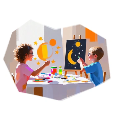 A group of children engaged in an arts and crafts session themed around an eclipse. One child with curly hair is painting a large cardboard cutout of the sun, using bright yellows and oranges. Another child with glasses is carefully gluing stars onto a black canvas, representing the night sky. A third child, wearing a blue shirt, is cutting out crescent shapes from dark paper. Various art supplies are scattered around them, including glitter, markers, and colorful papers. The room has a cheerful atmosphere, filled with laughter and creativity.