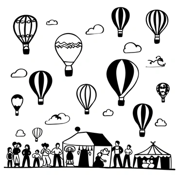 A variety of hot air balloons of different shapes and sizes are floating in the air, each one uniquely designed. Some balloons resemble animals, while others take the form of geometric patterns. Below the balloons, a crowd of people is gathered, looking up in wonder. Tents and stalls line the ground, suggesting festivities taking place. The sky is filled with several balloons, creating a dynamic scene. The entire illustration is rendered in black and white ink.