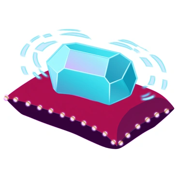 A "shining Philosopher's Stone" with a smooth, polished surface is resting on a rich, deep red velvet cushion. The stone is multifaceted, reflecting light in various directions and creating a mesmerizing display of colors. It emits a "powerful aura" illustrated by soft, glowing waves of light that ripple outward, casting a gentle illumination. The cushion itself has intricate gold stitching along its edges, adding to the luxurious feel of the scene. The background is softly blurred to keep the focus on the "Philosopher's Stone" and the velvet cushion it rests upon.
