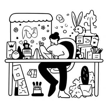 An illustrator seated at a large wooden table, surrounded by scattered sketches and colorful markers. The table is filled with various illustrations of whimsical characters, including a playful dragon with oversized wings, a cheerful rabbit wearing a vest, and a mischievous fox holding a paintbrush. The illustrator, with short hair and focused posture, is busy drawing on a sketchpad, with drawings of enchanted forests and magical creatures visible in the background. Papers with notes and ideas are spread around, and a cup filled with pencils and brushes is nearby.