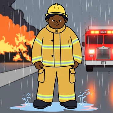 A firefighter with dark skin and short curly hair, wearing a bright yellow helmet and a reflective firefighting suit, stands in the rain. Water droplets cascade off their helmet and gear, creating small splashes around them. The firefighter has a determined expression, with brows furrowed and eyes focused ahead. In the background, a chaotic fire scene glows orange, with flickering flames and swirling smoke. Puddles form at the firefighter's feet, reflecting the bright lights of emergency vehicles nearby. The sky is overcast, adding to the dramatic atmosphere.