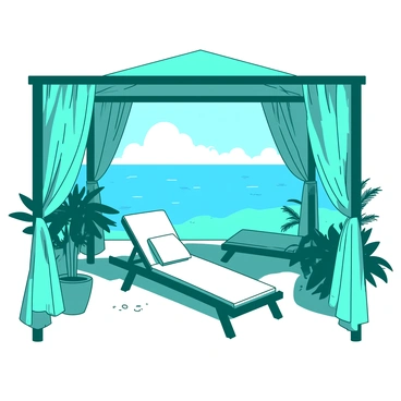A teal beach cabana features vibrant, flowing curtains that dance gently in the breeze. Inside the cabana, there are a few lounge chairs with plush cushions arranged for comfort. The chairs are positioned to provide an unobstructed view of the vast blue ocean stretching out into the horizon. The sand is visible in front of the cabana, and a few potted plants add a touch of greenery to the scene. The sunlight filters through the curtains, casting playful shadows on the floor.