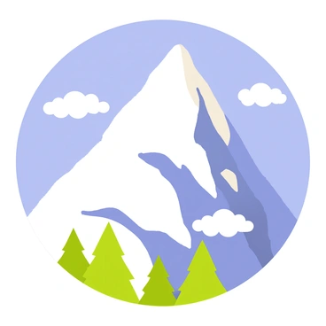 A majestic mountain peak covered in snow rises sharply into the sky. The snow glistens in the sunlight, creating a bright white contrast against the rocky slopes. At the top, the peak is pointed and jagged. Below, the mountain is surrounded by green pine trees that frame the base. "A clear blue sky" stretches above, with a few fluffy white clouds scattered throughout. The entire scene communicates a sense of grandeur and natural beauty.
