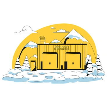 A cold storage facility for oil, surrounded by snow and ice in winter