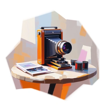 An old-fashioned camera with expandable bellows, made of dark wood and brass accents, is positioned on a rustic wooden table. The camera features a large lens at the front and a sturdy tripod base. The table beneath is weathered, showcasing the grain and texture of the wood, with patches of sunlight casting soft shadows across its surface. Surrounding the camera are a few vintage photographs and a roll of film, adding to the nostalgic atmosphere of the scene.