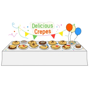 A long dessert table covered with a white tablecloth. The table is adorned with various plates showcasing an array of colorful crepes. Each crepe is folded, some topped with vibrant fruits like strawberries, blueberries, and bananas. There are also drizzle patterns of chocolate sauce and whipped cream over some crepes. Small decorative bowls filled with sprinkles and colorful candies are placed nearby. In the background, there are streamers and balloons of different colors, enhancing the festive atmosphere. A sign above the table reads "Delicious Crepes" in bright, playful letters.
