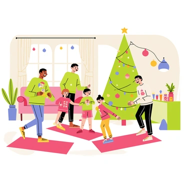 A festive holiday scene features a family gathered in a cozy living room decorated with twinkling lights and colorful ornaments. Two adults and two children are energetically performing Russian twists on bright red yoga mats spread on the fluffy carpet. The adults, wearing comfortable holiday-themed sweaters, are smiling and encouraging the children, who are laughing and having fun. A beautifully decorated Christmas tree stands in the corner, adorned with shiny baubles and tinsel, adding a cheerful touch to the atmosphere. Nearby, a table is set with holiday snacks and drinks, enhancing the spirit of celebration.
