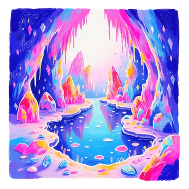 A crystal cave features glimmering walls made of sparkling crystals that reflect light in various directions. Colorful mineral formations in shades of purple, blue, and red are scattered throughout the cave, creating a vibrant display. Stalactites hang from the ceiling, while stalagmites rise from the ground, showcasing intricate patterns and textures. In the center, a small pond with clear water mirrors the dazzling colors of the crystals surrounding it. The overall scene conveys a sense of wonder and natural beauty.