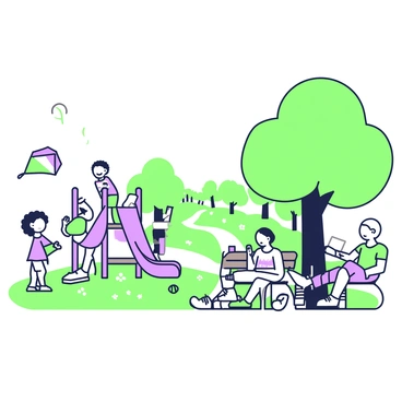 A park scene is divided into two distinct halves. On the left side, there are several children playing joyfully on a green lawn. One child with curly hair is flying a colorful kite that soars high in the air. Nearby, two children are playing catch with a green ball, while another child is climbing on a purple jungle gym with a big smile. The grass is dotted with flowers providing a playful atmosphere.

On the right side, adults are relaxing on benches under the shade of green trees. One adult is reading a book, while another is sipping from a purple thermos. A couple is chatting animatedly, with one person leaning back comfortably. The atmosphere here is calm, contrasting the lively play of the children. In the background, a path winds through the park, leading to more green spaces and trees.
