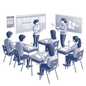 A classroom filled with students engaged in a lively discussion. Several students are sitting at wooden desks, each with notebooks open in front of them. Some students have their hands raised, eager to share their thoughts on various topics. One student stands at the front, actively presenting their viewpoint, while others listen attentively. Posters with educational content adorn the walls, and there is a chalkboard filled with notes and ideas behind the main speaker. The atmosphere is one of engagement and enthusiasm among the students.