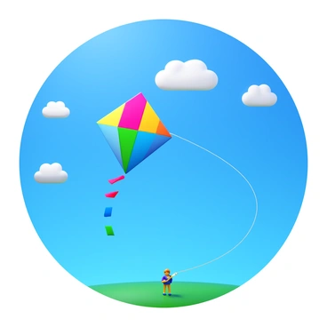 A colorful kite with vibrant patterns soaring high in a clear blue sky. The kite is shaped like a diamond, with a tail flowing behind it. The wind lifts the kite upward, creating tension in the strings held firmly by a person on the ground. Fluffy white clouds are scattered in the sky, adding contrast to the scene. The sunlight glints off the kite’s surface, highlighting its bright colors.