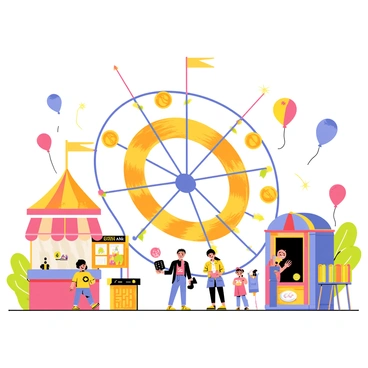 A carnival ride with cars and attractions shaped like oversized pennies.