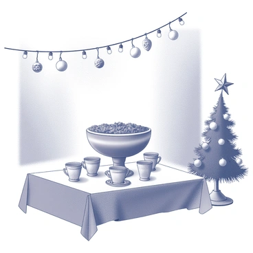 A cozy indoor setting filled with a sense of warmth and holiday cheer. In the center, there is a large punch bowl brimming with a rich mixture, surrounded by decorative cups. The table is adorned with a festive tablecloth. In the background, there are strings of lights and ornaments hanging, creating a lively atmosphere. A small Christmas tree, decorated with various ornaments and a star on top, sits nearby, adding to the festive ambiance.