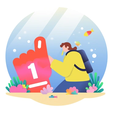 A scuba diver with brown hair and a yellow wetsuit is exploring the ocean floor. The diver is surrounded by colorful coral reefs and various fish swimming nearby. At the center of the scene is a giant foam finger, bright red with the number "1" printed in white, partially buried in the sand. The diver is reaching out with one hand towards the foam finger, while bubbles are rising around them, creating a lively underwater atmosphere. Sunlight is filtering down from the surface, illuminating the scene with a soft glow.