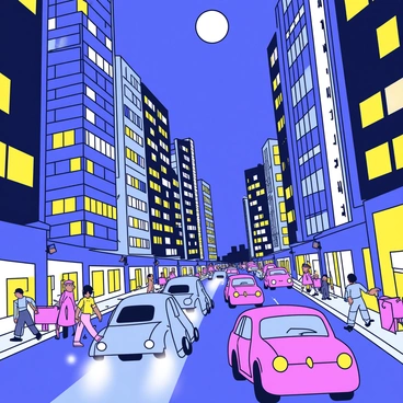 A vibrant cityscape at night shows tall skyscrapers with illuminated windows glowing in various colors. The buildings have sleek, modern designs and reflect light from the moon above. Below, busy streets are filled with cars in motion, their headlights creating streaks of light. Pedestrians are seen walking along the sidewalks, wearing casual clothing as they chat and move about. Streetlights cast a warm glow, adding to the lively atmosphere of the scene.