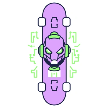 A skateboard deck features a prominent image of a robot face as a logo. The robot face has a sleek, angular design with intricate details highlighting its mechanical features. The eyes of the robot are illuminated, giving it a vibrant and striking appearance. Surrounding the robot face, there are circuit-like patterns that add depth and a sense of technology. The overall composition balances the robot face in the center, ensuring it captures attention while complementing the shape of the skateboard deck.