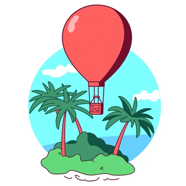 A red gas balloon is lazily drifting over a green tropical island. Below the balloon, there are tall palm trees swaying gently in the breeze. The island features patches of sandy beaches visible among the lush greenery. The sky above is a vibrant blue, with a few fluffy white clouds floating in the distance. The scene captures the serene atmosphere of a peaceful tropical paradise.