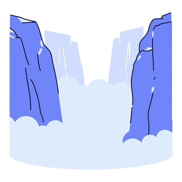 A chasm with steep, rugged rocks on either side. A dense, swirling fog rolls through the chasm, partially concealing the lower parts of the rocks. The fog is thick and wispy, creating an ethereal atmosphere. Some sections of the rocky walls are visible above the fog, while others fade into the mist.