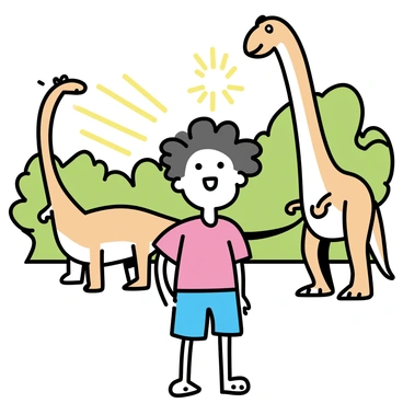 A child with curly hair, wearing a red t-shirt and blue shorts, stands in a dinosaur-themed park. The child has wide eyes and an open mouth, expressing amazement. Surrounding the child are life-sized dinosaur models, including a towering Tyrannosaurus rex and a long-necked Brachiosaurus. The models are vibrant in color, with detailed textures and realistic features. The background features lush green foliage, adding to the park's immersive atmosphere. Sunlight filters through the trees, illuminating the scene.