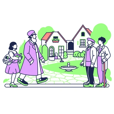 A man resembling "Karl Marx" is walking through a quaint village with cobblestone streets. He has a beard and is dressed in 19th-century attire, including a long coat and a hat. He is stopping to engage with villagers who are gathered in small groups. A man stands with a basket of vegetables, while a woman is holding a child and listening intently. Nearby, an elderly man is leaning on a wooden cane, nodding as he speaks with Marx. The village features cozy cottages with flower boxes and a small fountain in the center. A few trees are scattered around, providing shade to the villagers.