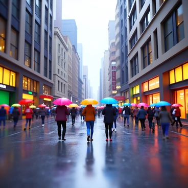 A bustling city street on a rainy day filled with people carrying "colorful umbrellas." The wet pavement reflects the hues of the umbrellas and the surrounding buildings. The scene showcases a variety of people walking, some hurrying while others stroll leisurely. Raindrops are visible falling from the sky, adding to the atmosphere. The buildings lining the street are diverse in architecture, with large windows and neon lights that catch the reflections in the wet surface.