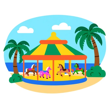 A colorful carousel featuring a variety of horses, each painted in bright hues, spins joyfully on a sandy beach. The horses are adorned with intricate designs and glimmering decorations. Surrounding the carousel are tall palm trees with lush green fronds swaying gently in a warm breeze. In the background, clear blue waters stretch out, reflecting the vibrant colors of the carousel. A few fluffy white clouds dot the sky, enhancing the sunny tropical atmosphere.