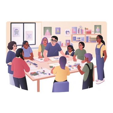 A digital flat illustration depicting a workshop setting. In the center, a mentor stands at a large drawing table covered with art supplies, showcasing various illustration techniques. The mentor has fair skin and is wearing a navy blue shirt and black glasses. Surrounding the table are several eager students, each with different skin tones and hairstyles. One student on the left has curly hair and is wearing a red sweater, while another student on the right has long straight hair and is dressed in a yellow shirt and overalls. The walls of the workshop are adorned with colorful art posters, and there are shelves filled with art books and supplies in the background. A large window lets in natural light, illuminating the scene.