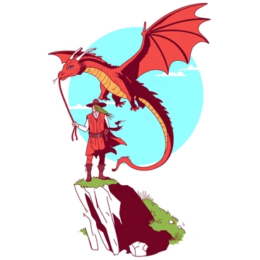 A red dragon tamer stands confidently on a rocky cliff, holding a sturdy leather reins attached to the fiery dragon soaring above. The dragon has vibrant orange scales that shimmer in the sunlight, its wings fully extended as it prepares for flight. The tamer wears a rugged outfit, complete with a leather vest and a wide-brimmed hat, with the wind blowing through their hair. Below, the cliff is adorned with patches of green grass and scattered stones, while the sky is clear and blue, creating a striking contrast against the intense colors of the dragon and the tamer.